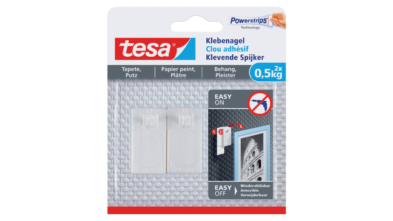 Klevende spijker tesa® behang en pleisterwerk 0,5kg wit 2 stuks