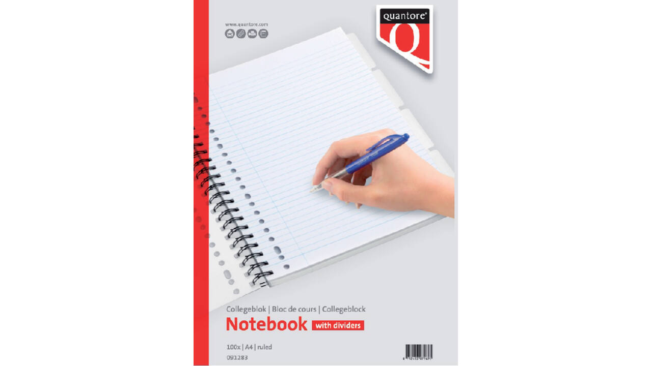 Collegeblok Quantore A4 lijn 23-gaats 4 tabs 200 pagina's 70gr