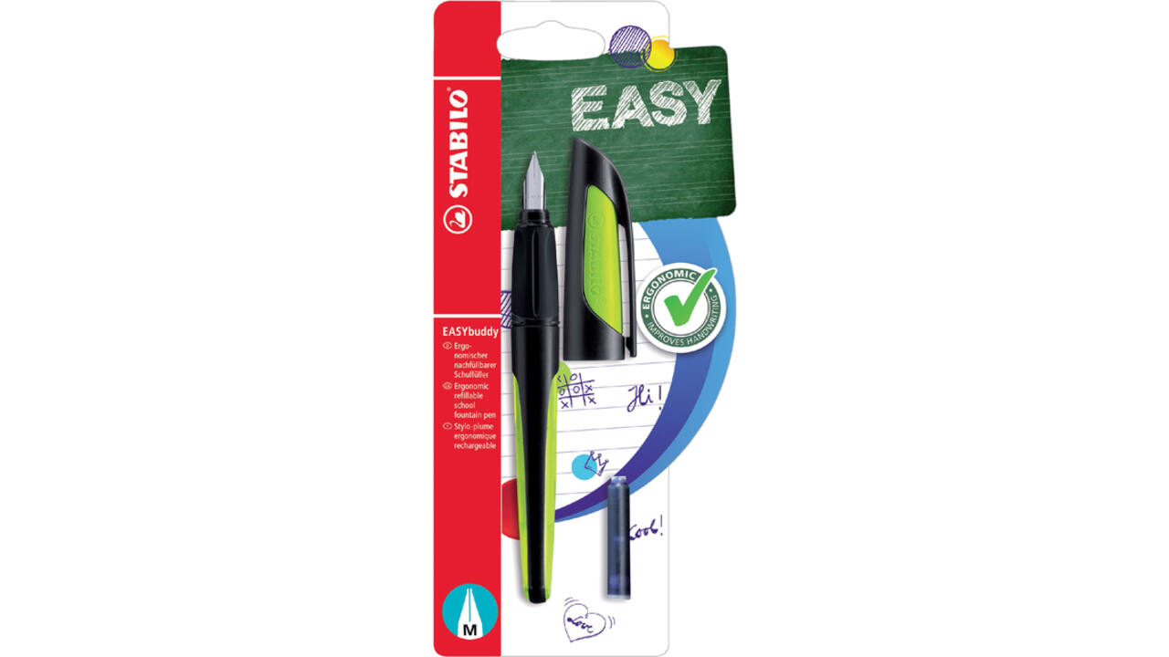 Vulpen STABILO Easybuddy rechtshandig M zwart/lime blister à 1 stuk