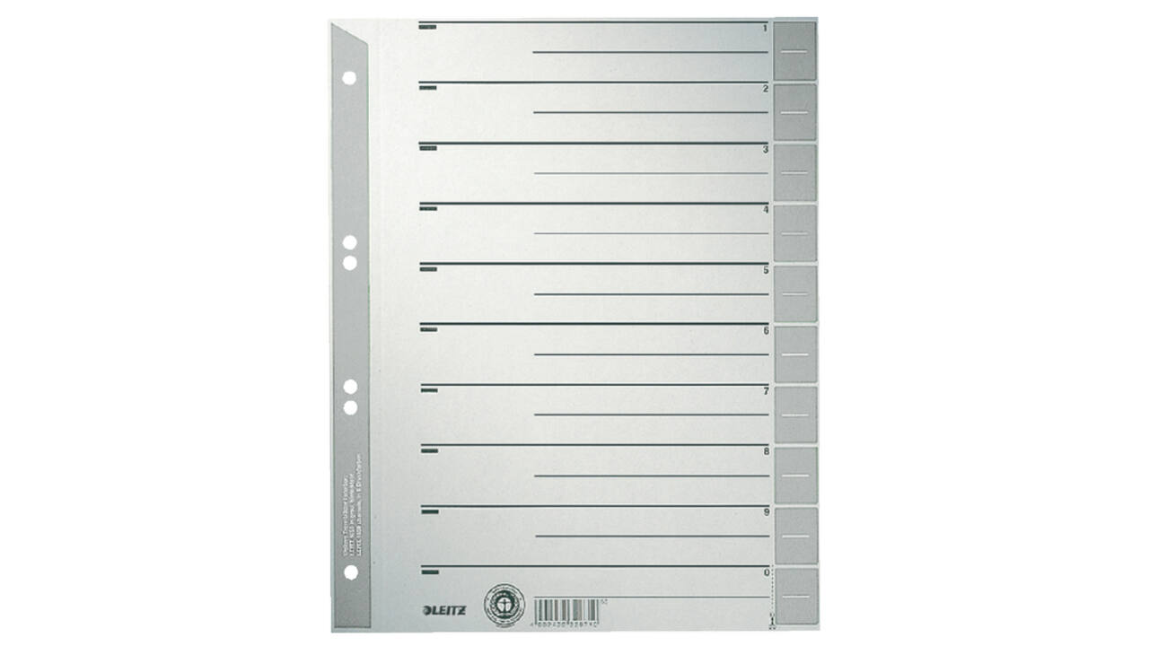 Scheidingsbladen Leitz A4 karton 230gr 6-gaats grijs 100 stuks
