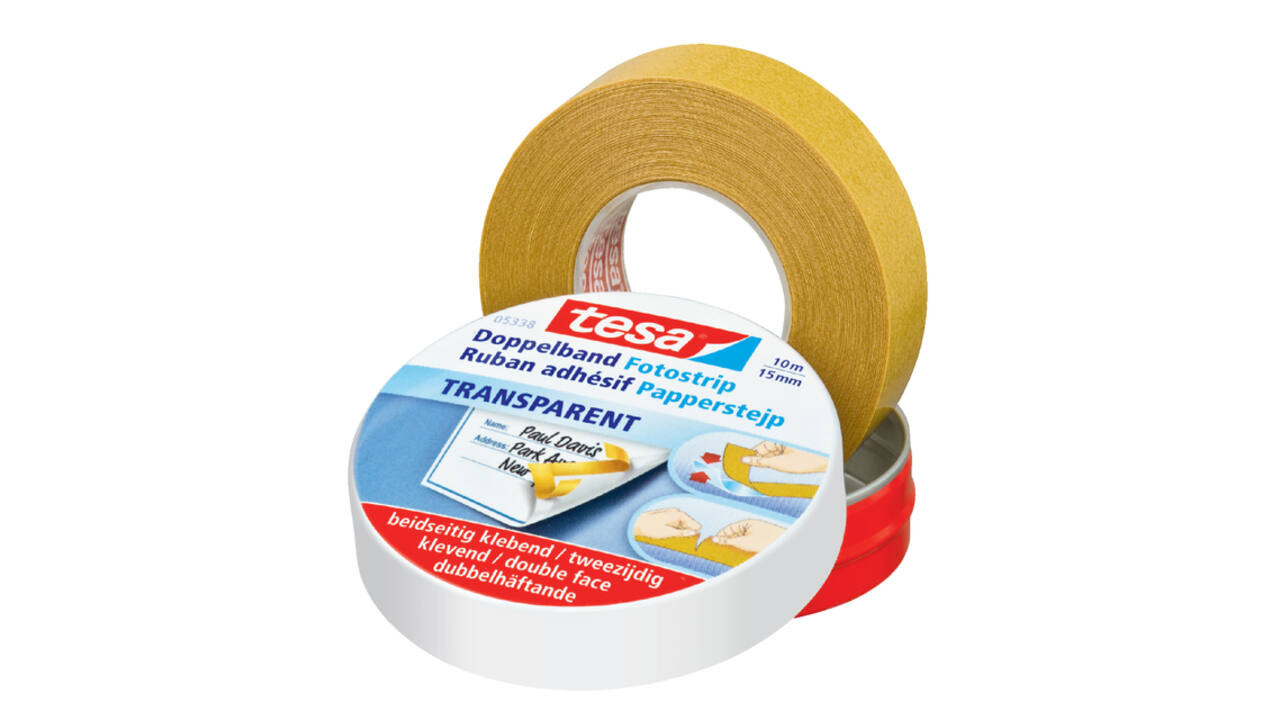 Dubbelzijdig knutseltape tesa® 10mx15mm beige in bewaarblik