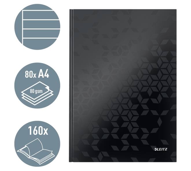 Notitieboek Leitz WOW A4 160blz 90gr lijn zwart