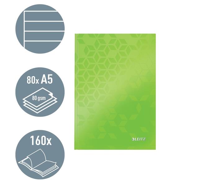 Notitieboek Leitz WOW A5 160blz 90gr lijn groen