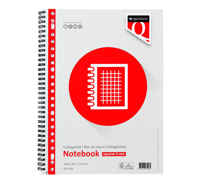 Collegeblok Quantore A4 ruit 5mm 23-gaats 200 pagina's 70gr