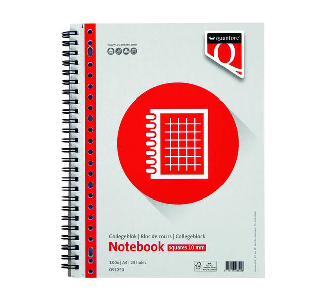 Collegeblok Quantore A4 ruit 10mm 23-gaats 200 pagina's 70gr