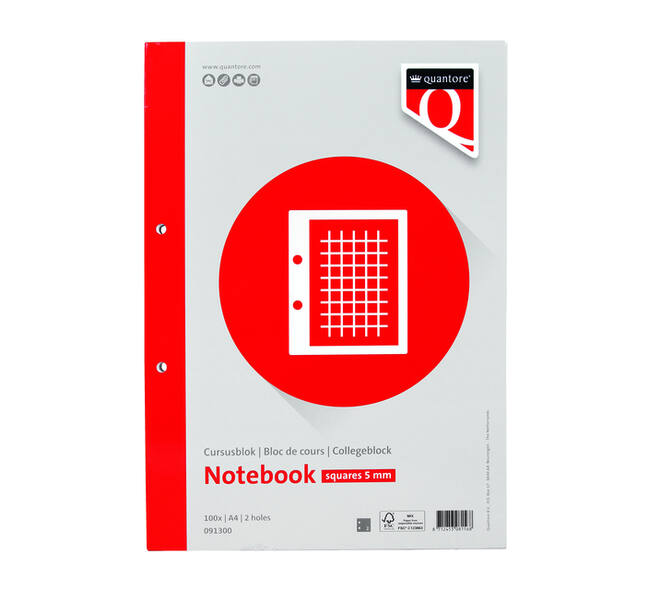 Cursusblok Quantore A4 ruit 5mm met kantlijn 200 pagina's 80gr