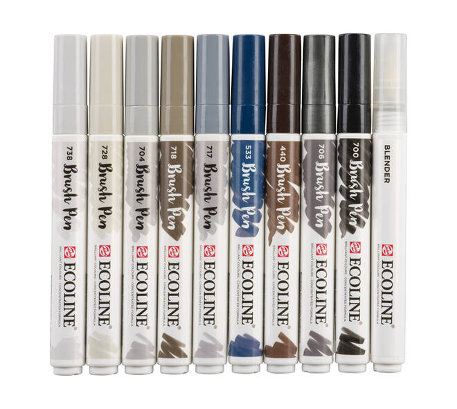 Brushpen Talens Ecoline set à 10 stuks grijs