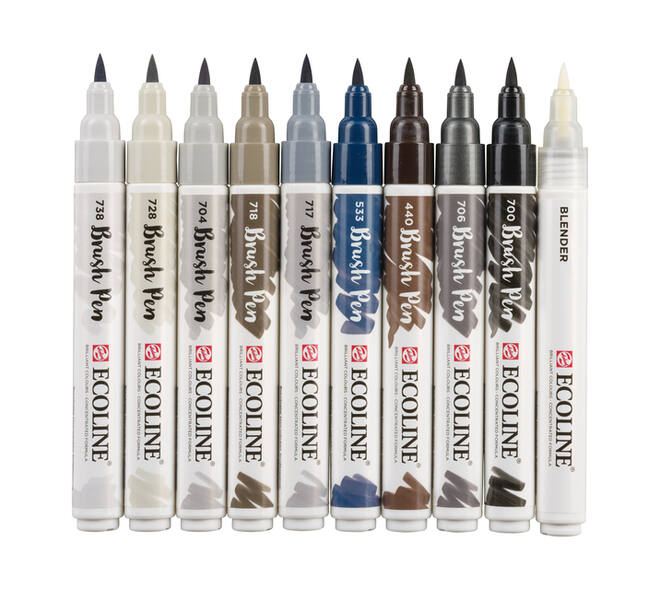 Brushpen Talens Ecoline set à 10 stuks grijs
