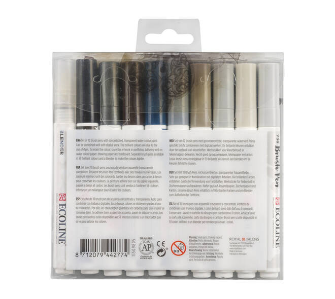Brushpen Talens Ecoline set à 10 stuks grijs