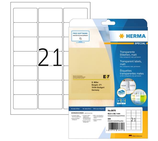 Etiket HERMA 8670 A4 63.5x38.1mm folie transparant mat 525 stuks