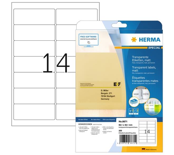 Etiket HERMA 8671 A4 99.1x38.1mm folie transparant mat 350 stuks