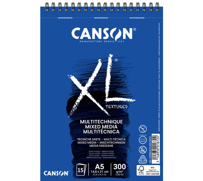 Mixed mediapapier Canson XL Textured Mixed Media 15vel 300gr A5 wit