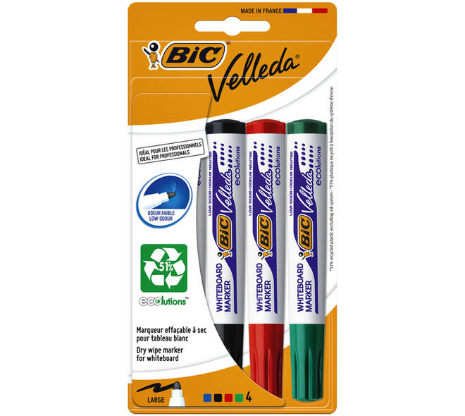 Whiteboardmarker Bic Velleda 1704 rond large assorti blister à 4 stuks