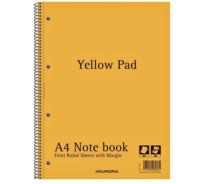 Collegeblok Aurora Yellow Pad A4 lijn 4-gaats 160 pagina's 80gr geel
