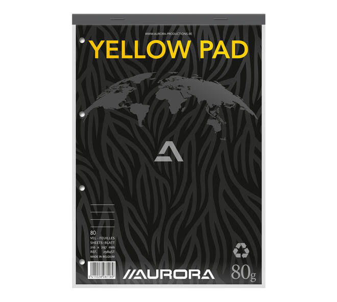 Cursusblok Aurora A4 lijn 4-gaats 160 pagina's 80gr geel