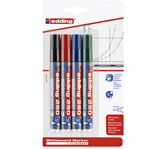Whiteboardmarker edding 250 rond 1.5-3mm assorti blister à 4 stuks