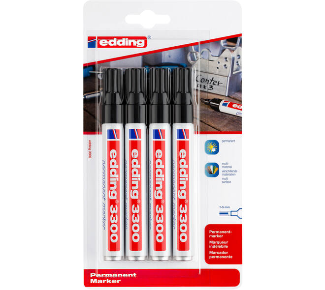 Viltstift edding 3300 schuin 1-5mm zwart blister à 4 stuks