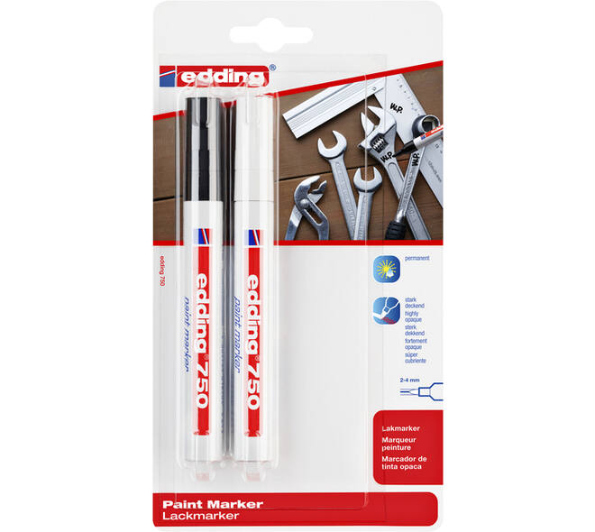 Paintmarker edding 750 op oliebasis 2-4mm wit en zwart blister à 2st