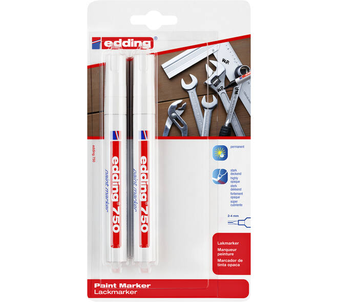 Paintmarker edding 750 op oliebasis 2-4mm wit blister à 2 stuks
