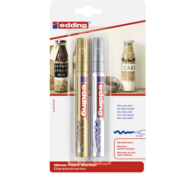 Paintmarker edding 750 op oliebasis 2-4mm goud en zilver blister à 2st
