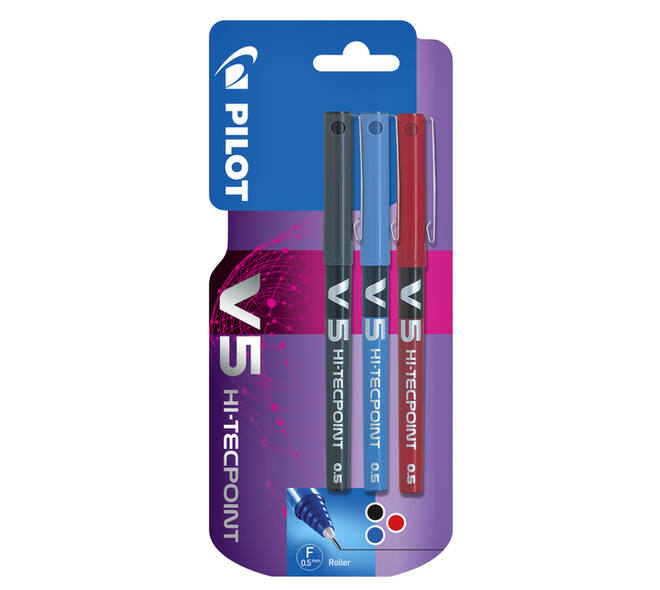 Rollerpen PILOT V5 fijn assorti blister à 3 stuks