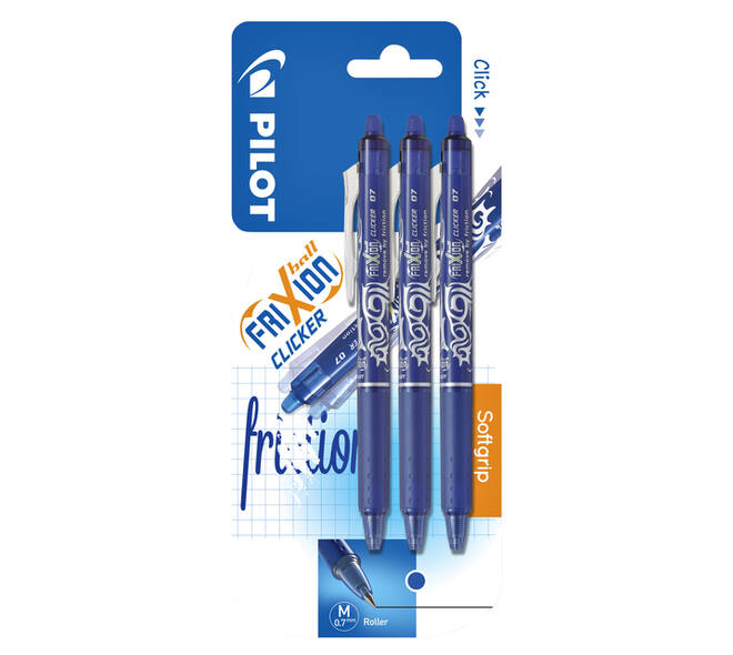 Rollerpen PILOT friXion clicker medium blauw blister à 3 stuks