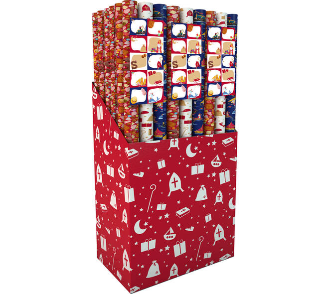 Inpakpapier Sint 200x70cm set à 3 rollen + stickervel met 10 etiketten assorti