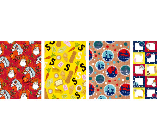 Inpakpapier Sint 200x70cm set à 3 rollen + stickervel met 10 etiketten assorti
