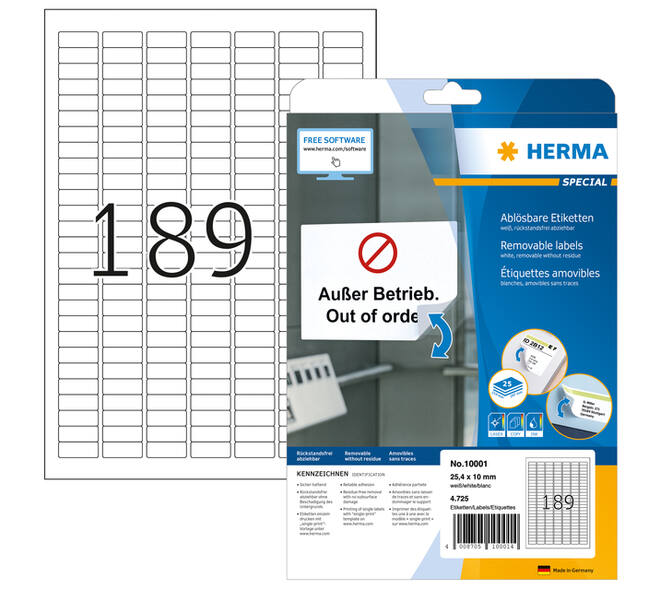 Etiket HERMA 10001 A4 25.4x10mm verwijderbaar wit 4725 stuks