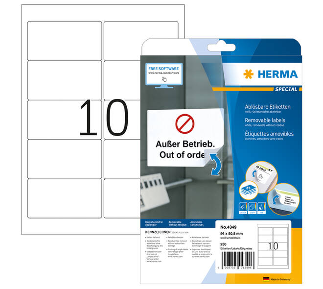 Etiket HERMA 4349 A4 96x50.8mm verwijderbaar wit 250 stuks