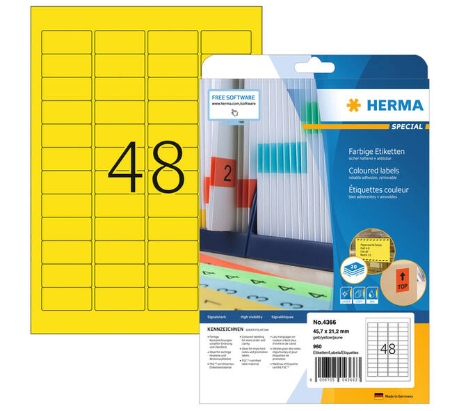Etiket HERMA 4366 A4 45.7x21.2mm verwijderbaar geel