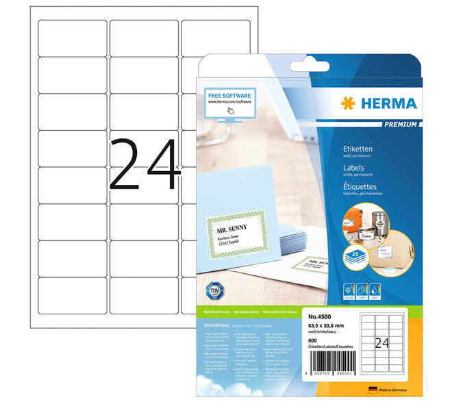 Etiket HERMA 4500 A4 63.5x33.9mm premium wit 600 stuks