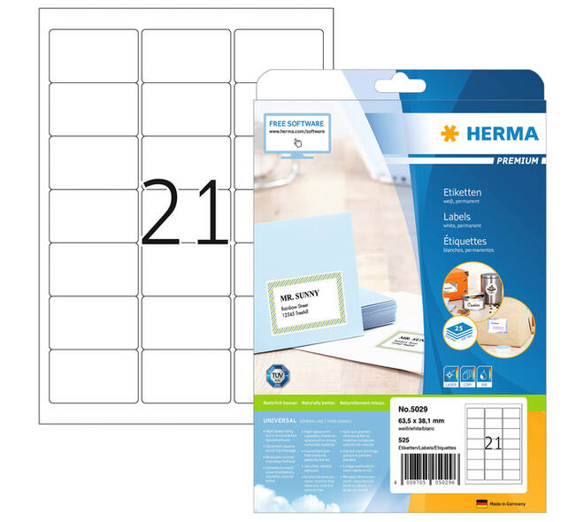 Etiket HERMA 5029 63.5x38.1mm premium wit 525 stuks