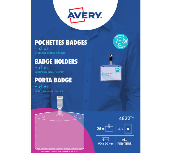 Badge Avery met clip 4822 60x90mm 25 stuks + 32 insteekkaarten