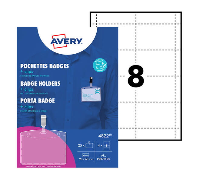 Badge Avery met clip 4822 60x90mm 25 stuks + 32 insteekkaarten