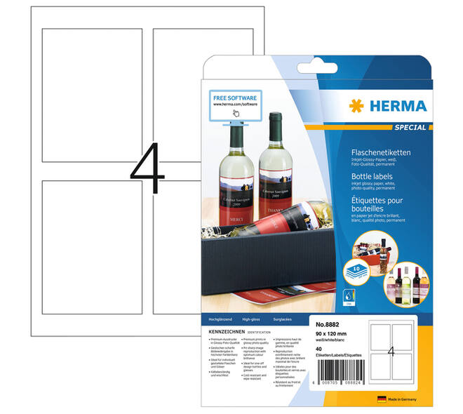 Etiket HERMA flessen 8882 90x120mm A4 glossy wit 40 stuks