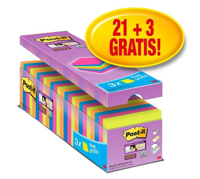 Memoblok Post-it 654 Super Sticky 76x76mm 21+3 gratis assorti