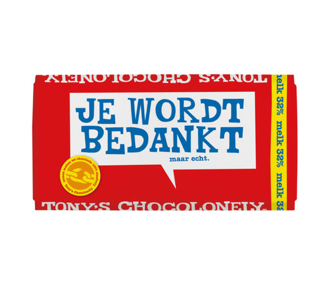 Chocolade Tony's Chocolonely melk bedankt reep 180gr