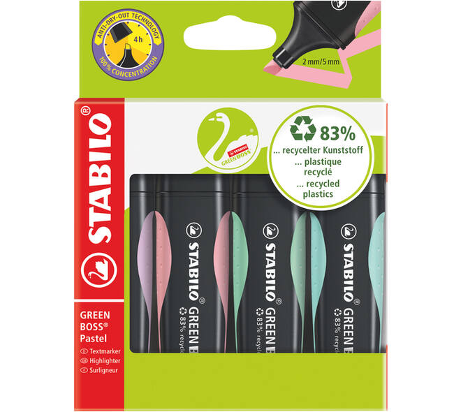 Markeerstift STABILO GREEN BOSS 6070/4 pastel assorti etui à 4 stuks