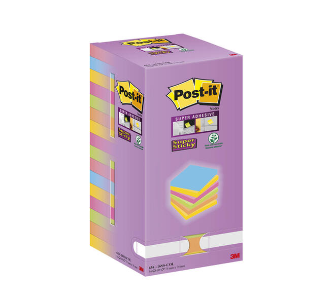 Memoblok Post-it Super Sticky 654 76x76mm color 16 stuks