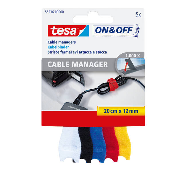 Kabelmanager tesa® On & Off 12mmx20cm diverse kleuren 5 stuks