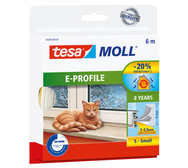 Tochtstrip tesamoll® E-profiel zelfklevend rubber 6mx9mm wit