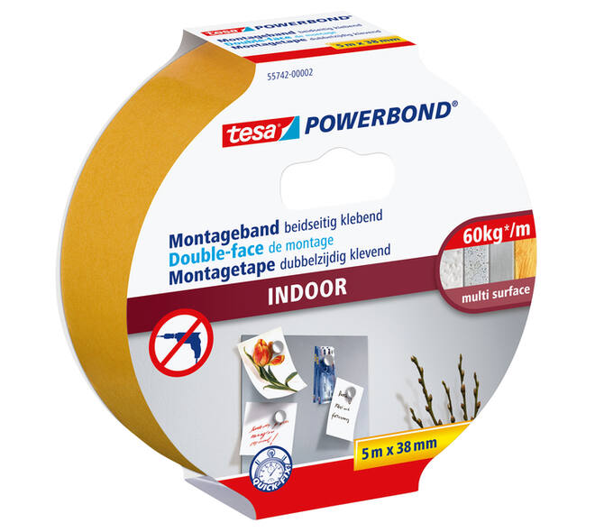 Montagetape tesa® Powerbond Indoor dubbelzijdig klevend 5mx38mm wit