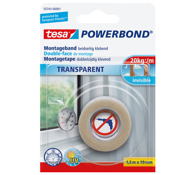 Montagetape tesa® Powerbond dubbelzijdig 1,5mx19mm transparant