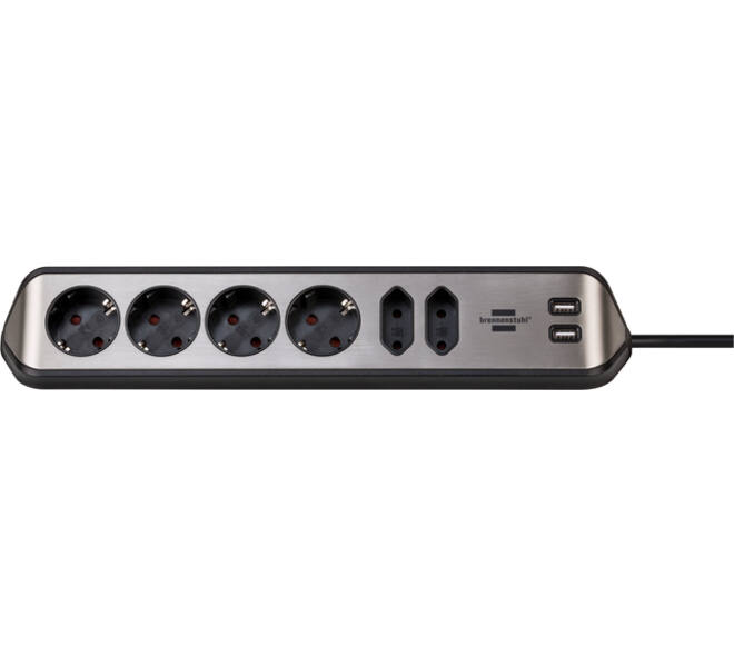 Stekkerdoos Brennenstuhl bureau Estilo 6vdig incl 2 USB 2m zw/zilver