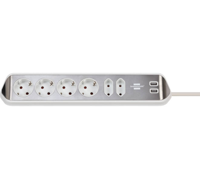Stekkerdoos Brennenstuhl bureau Estilo 6vdig incl 2 USB 2m wit/zilver