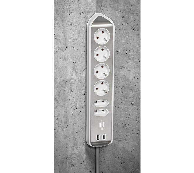 Stekkerdoos Brennenstuhl bureau Estilo 6vdig incl 2 USB 2m wit/zilver