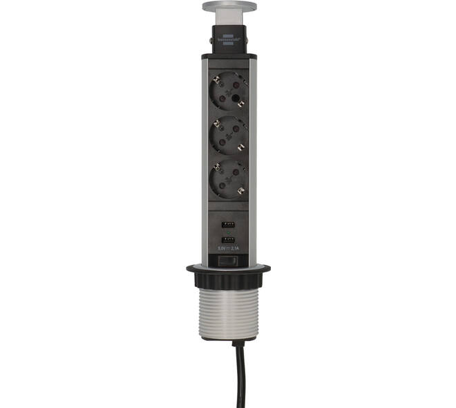Stekkerdoos Brennenstuhl toren 3vdig incl 2 USB 2 meter zwart/zilver