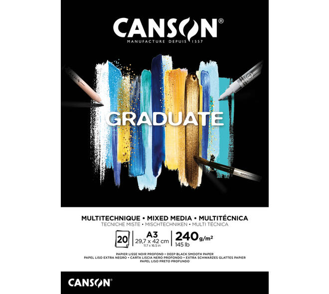 Mixed mediapapier Canson Graduate Mixed Media 20vel 240gr A3 zwart