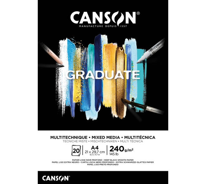 Mixed mediapapier Canson Graduate Mixed Media 20vel 240gr A4 zwart